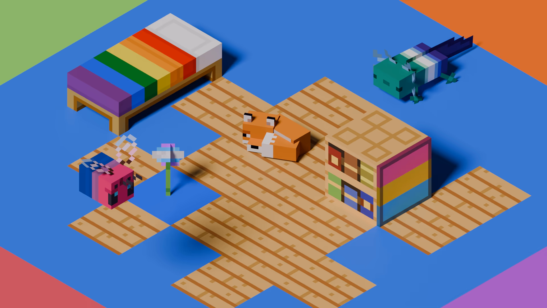 The Pride Pack banner, featuring a rainbow bed, a bii, an aroace axolotl, a sleeping fox, chiseled bookshelves with rainbow-colored books, and a gay flag painting.
