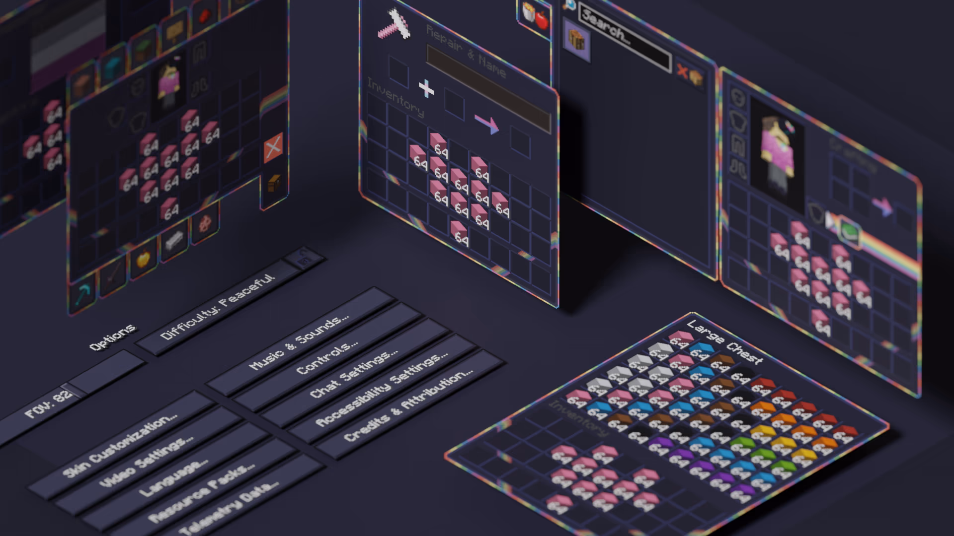 The PrideGUI banner, featuring various inventories, and the options menu.