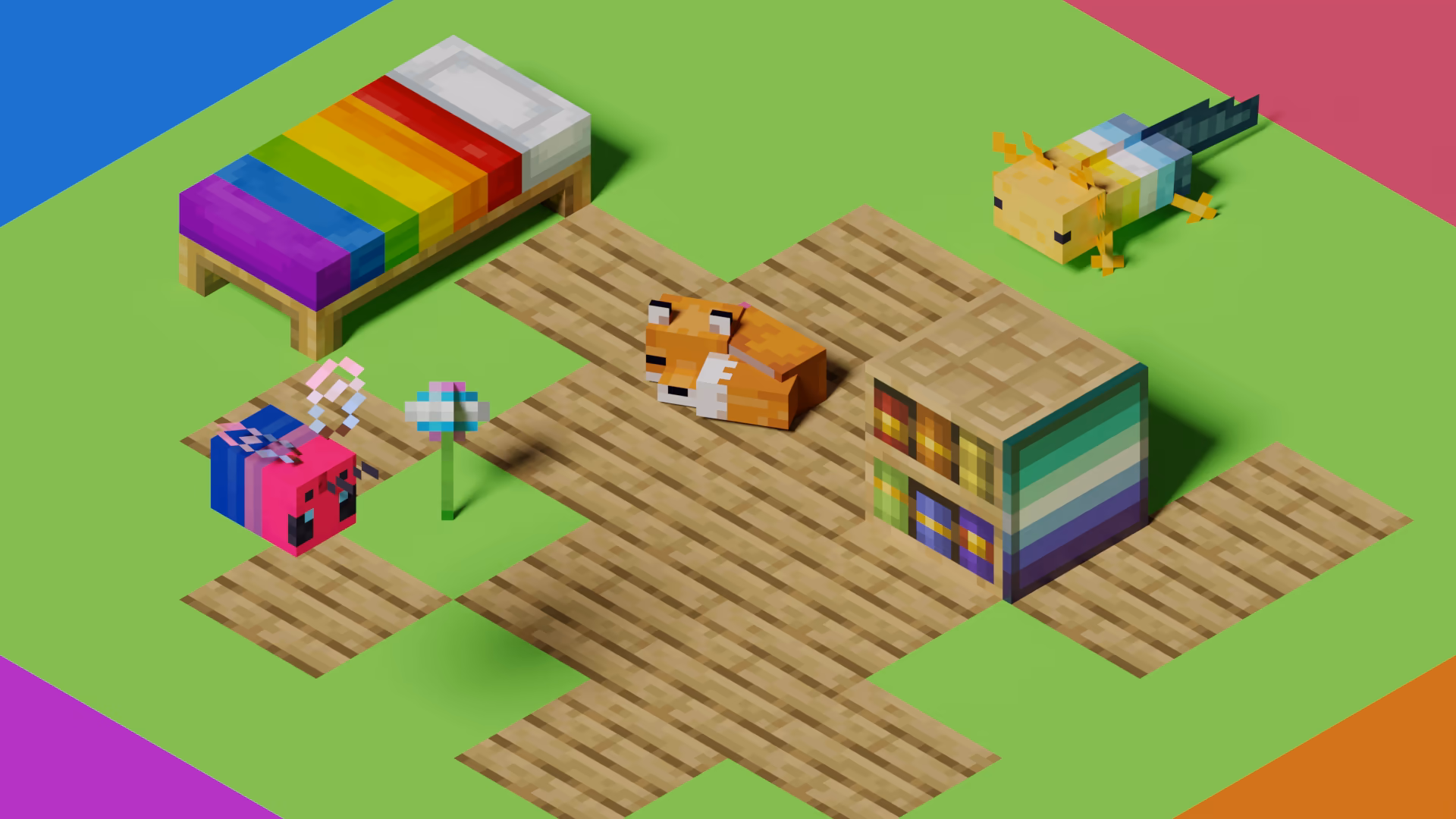 The Pride Pack banner, featuring a rainbow bed, a bii, an aroace axolotl, a sleeping fox, chiseled bookshelves with rainbow-colored books, and a gay flag painting.